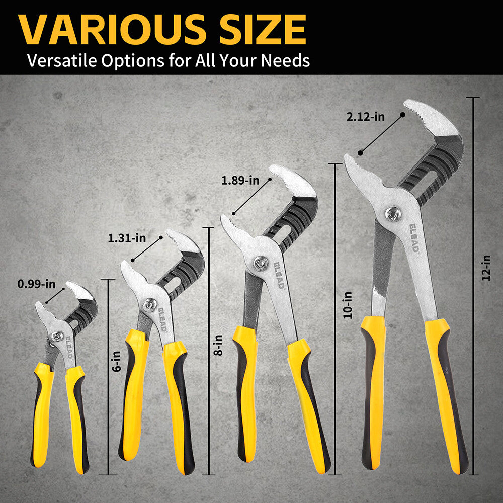 ELEAD 4-piece adjustable groove joint pliers set with ergonomic non-slip handles, roll-up storage bag, and multiple jaw sizes for versatile gripping.