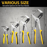 ELEAD 4-piece adjustable groove joint pliers set with ergonomic non-slip handles, roll-up storage bag, and multiple jaw sizes for versatile gripping.