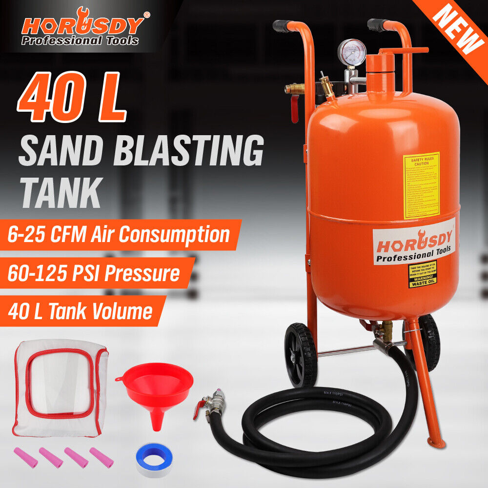 HORUSDY 40L sand blasting tank, featuring a high-pressure abrasive blaster with a 60-125 PSI working range, durable rubber wheels, and a 40L media capacity for heavy-duty surface cleaning.