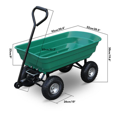 HORUSDY heavy-duty poly pull dump cart with 250kg load capacity, large pneumatic wheels, and easy tipping mechanism for garden and lawn work