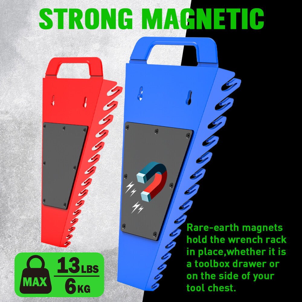 Magnetic wrench organiser set with red and blue 15-slot holders for wall or toolbox mounting, heavy-duty design with strong rare-earth magnets