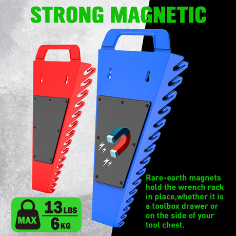 Magnetic wrench organiser set with red and blue 15-slot holders for wall or toolbox mounting, heavy-duty design with strong rare-earth magnets