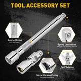 8-piece 3/8" drive socket accessory set with CR-V steel, 6-point design, includes spark plug gapper, extension bar, and universal joint for versatile use.