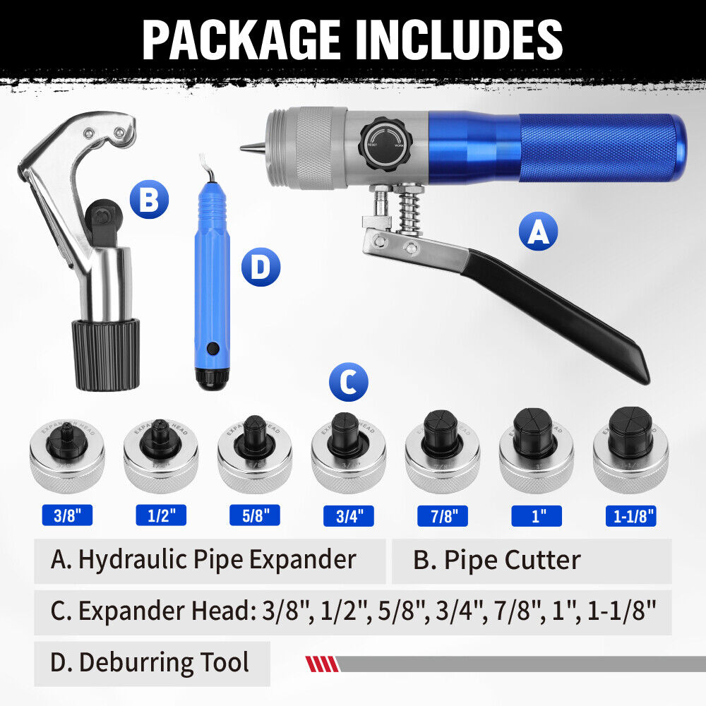 10-piece hydraulic tube expander kit with multiple expander heads, pipe cutter, deburring tool, and durable case for copper, aluminum, and titanium pipes.