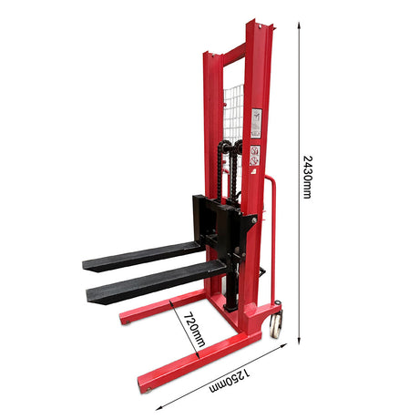 Manual hydraulic stacker lift truck, with 2m lift height and 500kg capacity. Ideal for material handling in warehouses and workshops, featuring durable red frame, compact design, and easy maneuverability