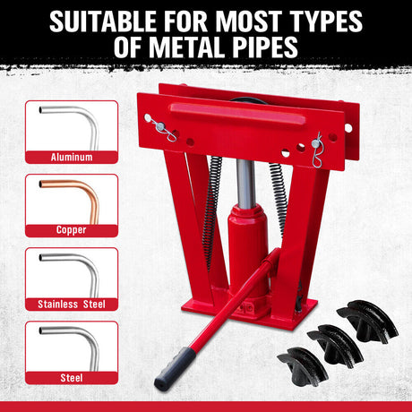8-ton hydraulic pipe bender with 3-piece die set for precise 90-180 degree bending of various metal pipes, including steel, aluminum, and copper.