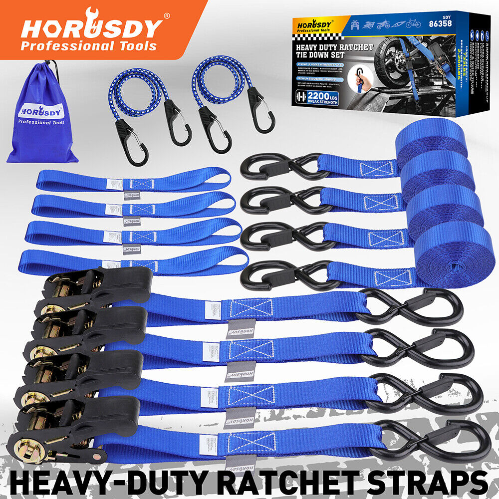 Heavy-duty ratchet tie-down straps with 2200 lbs break strength, rubber-coated S-hooks, ergonomic handles, bungee cords, and a premium storage bag.