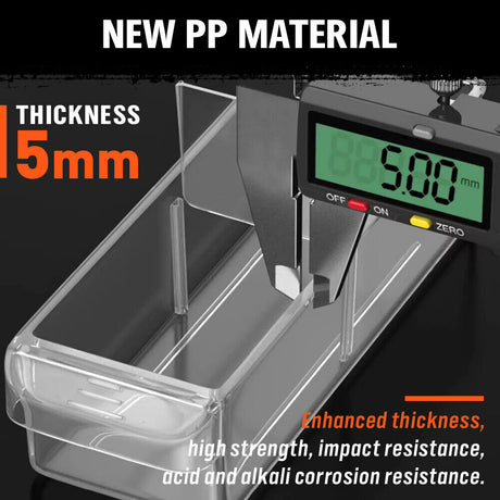 Wall mount 36 drawer parts organiser with clear and orange bins for screws, tools, and hardware storage