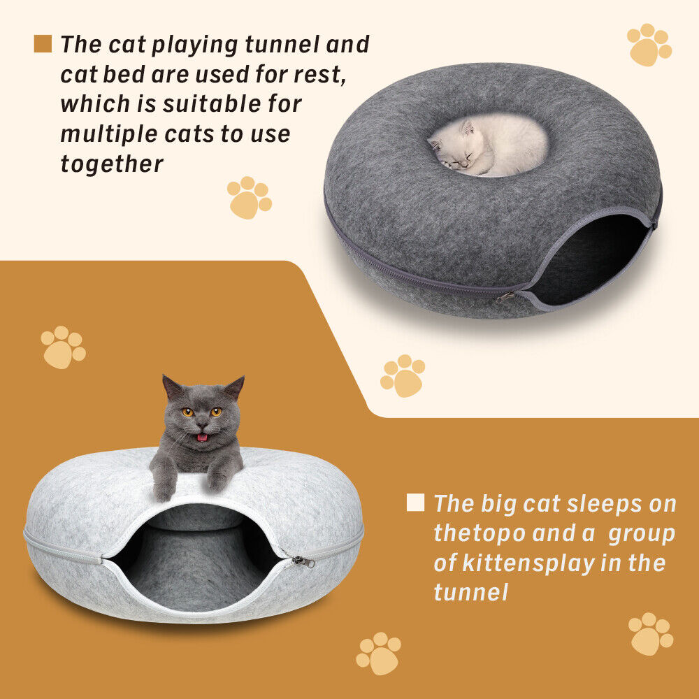 Cozy VaKa Cat Tunnel Bed in light and dark grey, M and L sizes, with a detachable and washable design, offering a free toy for cats.