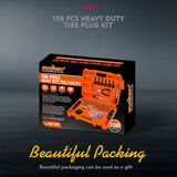 108-piece heavy duty tire repair kit with T-handle tools, pliers, utility knife, and tire plugs in a bright orange case"