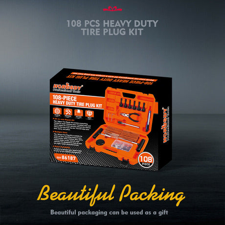 108-piece heavy duty tire repair kit with T-handle tools, pliers, utility knife, and tire plugs in a bright orange case"