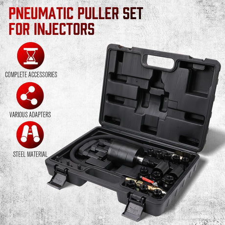 Heavy-duty pneumatic injector puller set with air hammer, adapters, hose, and storage case for stuck diesel injector removal