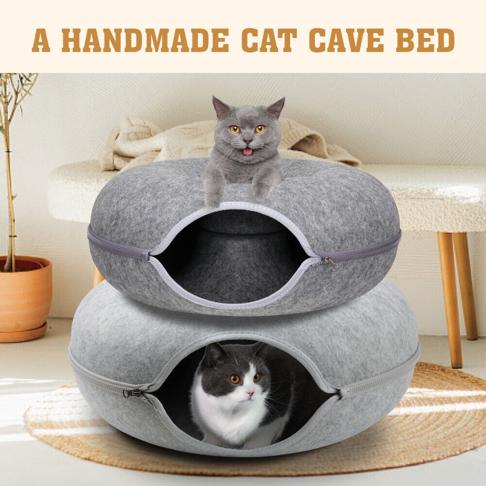 Cozy VaKa Cat Tunnel Bed in light and dark grey, M and L sizes, with a detachable and washable design, offering a free toy for cats.