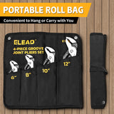 ELEAD 4-piece adjustable groove joint pliers set with ergonomic non-slip handles, roll-up storage bag, and multiple jaw sizes for versatile gripping.