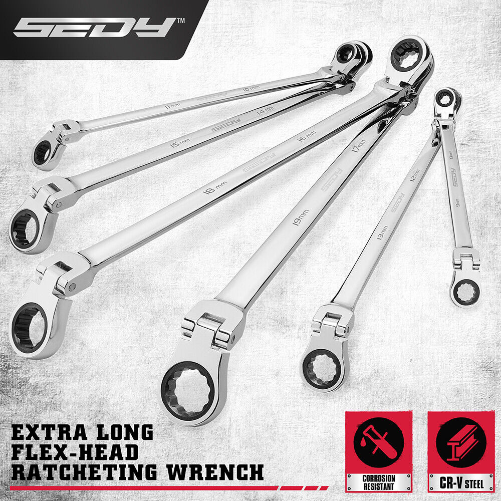 Extra long flex-head ratcheting spanner set with chrome vanadium steel construction, showcasing 180-degree rotating heads and multiple size options from 8mm to 19mm.