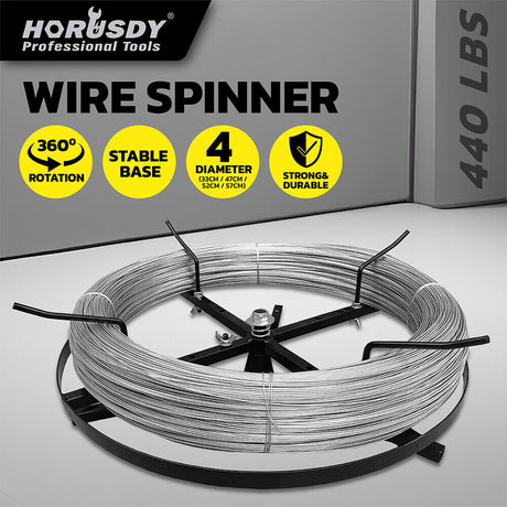 Wire spinner with 360° rotation, adjustable arms for varying coil diameters (33cm to 57cm), and 440 lbs weight capacity. Durable and stable for wire management.