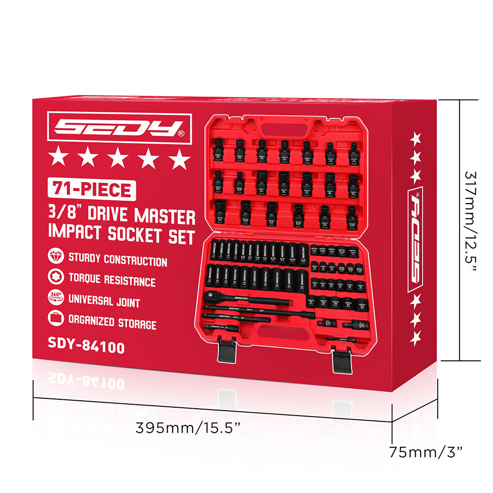 SEDY 71-piece SAE and metric impact socket set with Cr-V steel, swivel sockets, extensions, and durable red carry case for mechanics and automotive work.