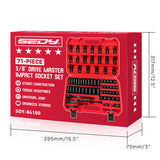 SEDY 71-piece SAE and metric impact socket set with Cr-V steel, swivel sockets, extensions, and durable red carry case for mechanics and automotive work.