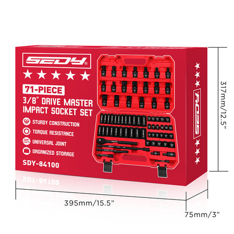 SEDY 71-piece SAE and metric impact socket set with Cr-V steel, swivel sockets, extensions, and durable red carry case for mechanics and automotive work.