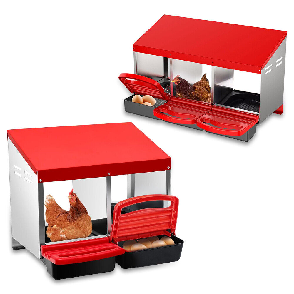 Red and silver 2/3 hole chicken nesting box with automatic egg collection feature, providing a spacious and clean environment for hens