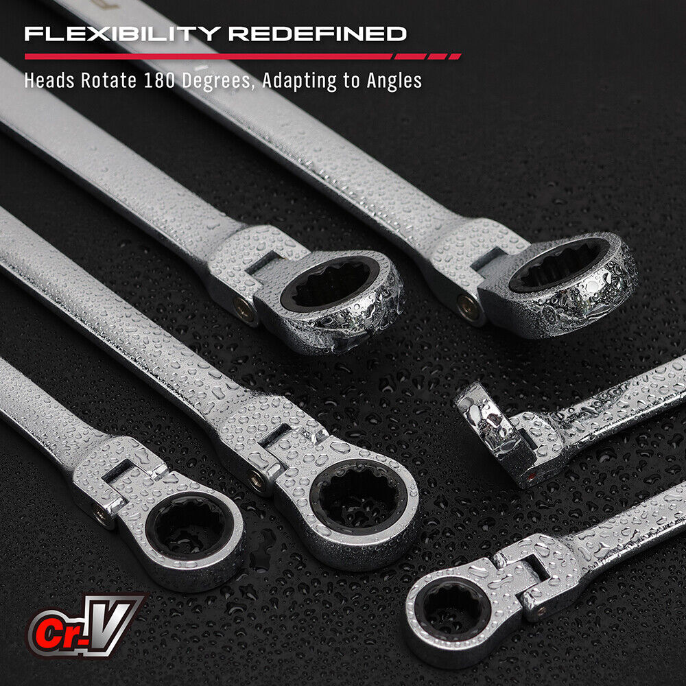 Extra long flex-head ratcheting spanner set with chrome vanadium steel construction, showcasing 180-degree rotating heads and multiple size options from 8mm to 19mm.