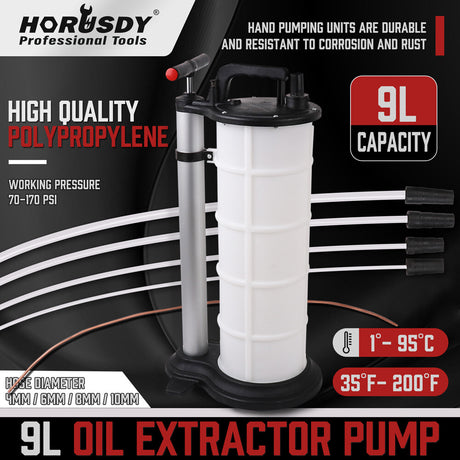 HORUSDY 9L oil extractor pump with hand pump, polypropylene tank and multiple hose sizes for engine oil, brake fluid and vehicle fluid extraction