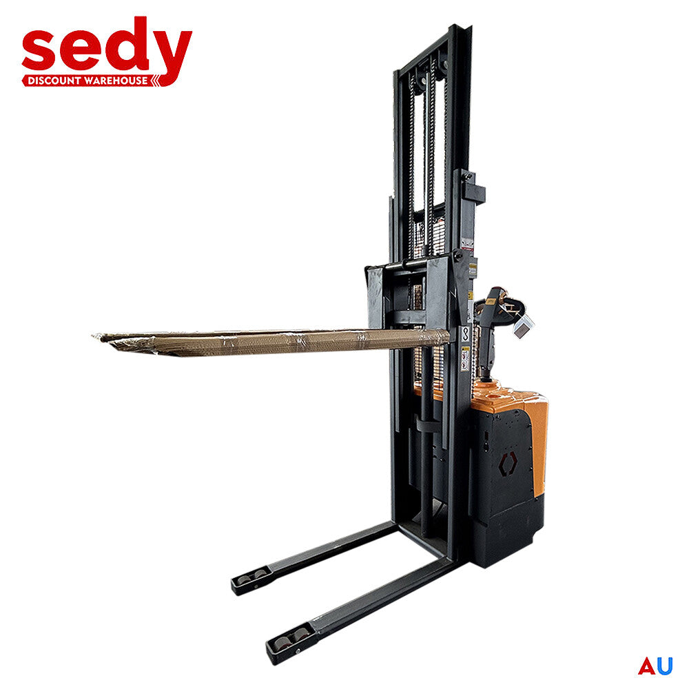 Stand-up electric stacker with 3-meter lift height and 1500kg capacity. Designed for efficient material handling in warehouses, featuring durable construction, ergonomic controls, and compact design for easy maneuverability.