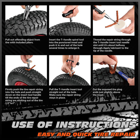 108-piece heavy duty tire repair kit with T-handle tools, pliers, utility knife, and tire plugs in a bright orange case"