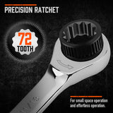 Complete set of 24 HORUSDY ratcheting combination spanners in metric and SAE sizes, showcased with a durable storage case