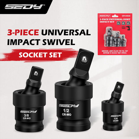 Sedy 3-piece impact universal joint socket set with 1/4", 3/8", and 1/2" drives, featuring Cr-Mo steel and 360-degree swivel for tight space access
