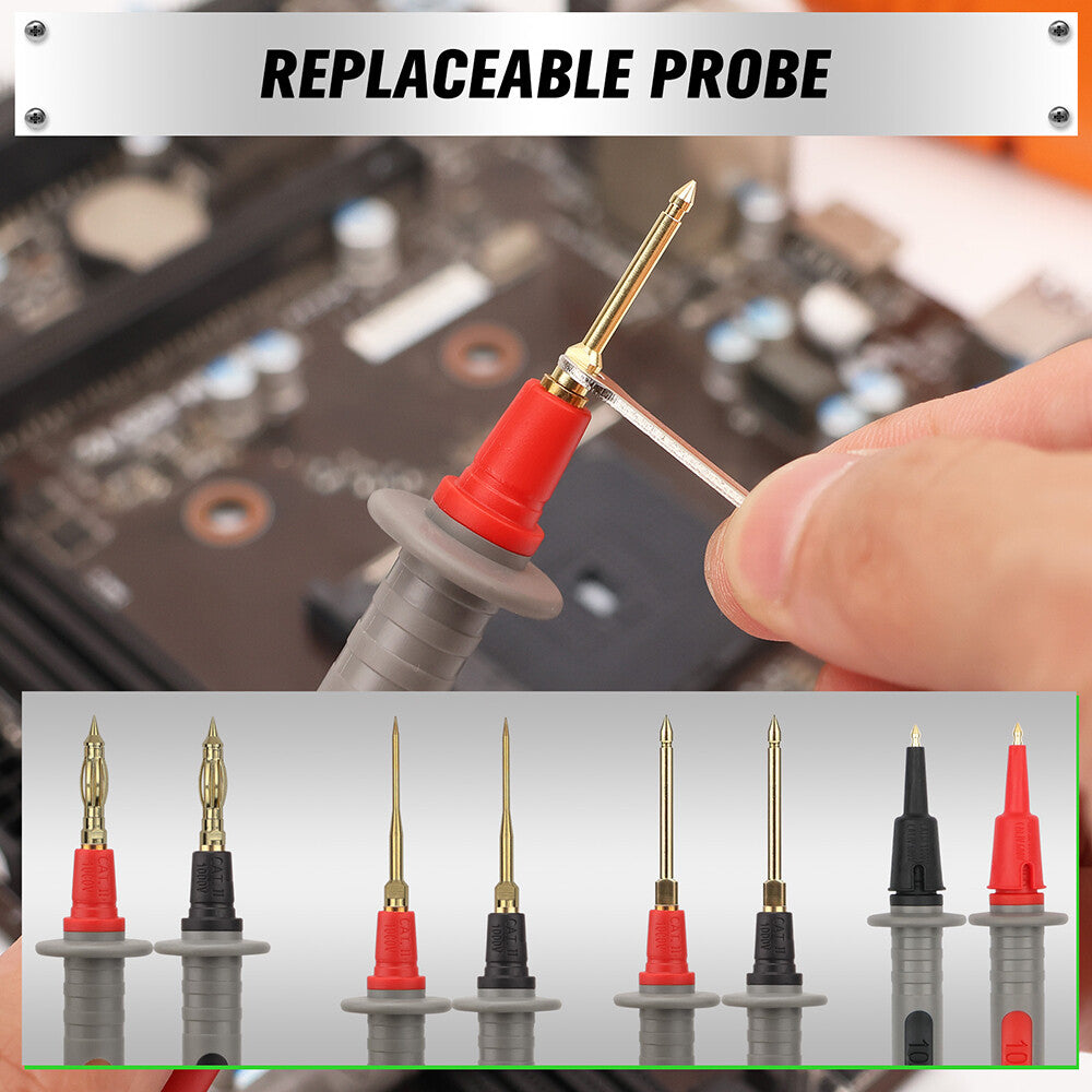 SWANLAKE 27-piece multimeter test lead kit with high-temp silicone wires, alligator clips, replaceable gold probes, and complete electronic diagnostic accessories.