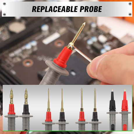 SWANLAKE 27-piece multimeter test lead kit with high-temp silicone wires, alligator clips, replaceable gold probes, and complete electronic diagnostic accessories.