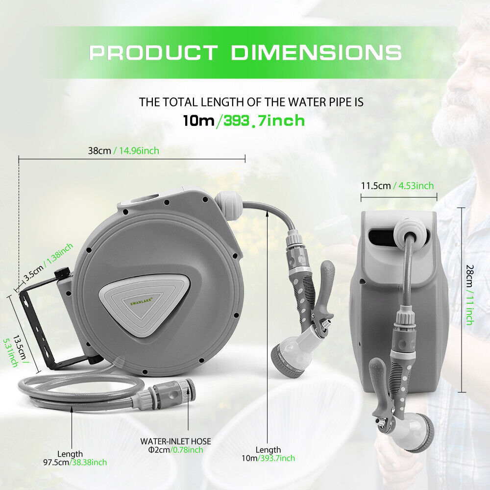 SWANLAKE retractable garden hose reel with 180-degree swivel, auto-rewind, and adjustable nozzle