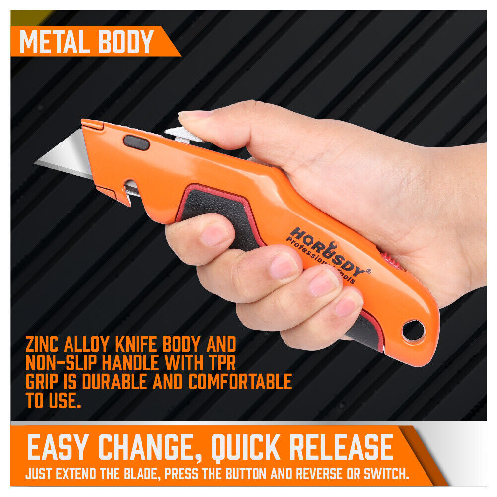 HORUSDY box cutter utility knife with retractable blade, zinc-alloy body, TPR handle, and quick-change blade system for heavy-duty cutting tasks.