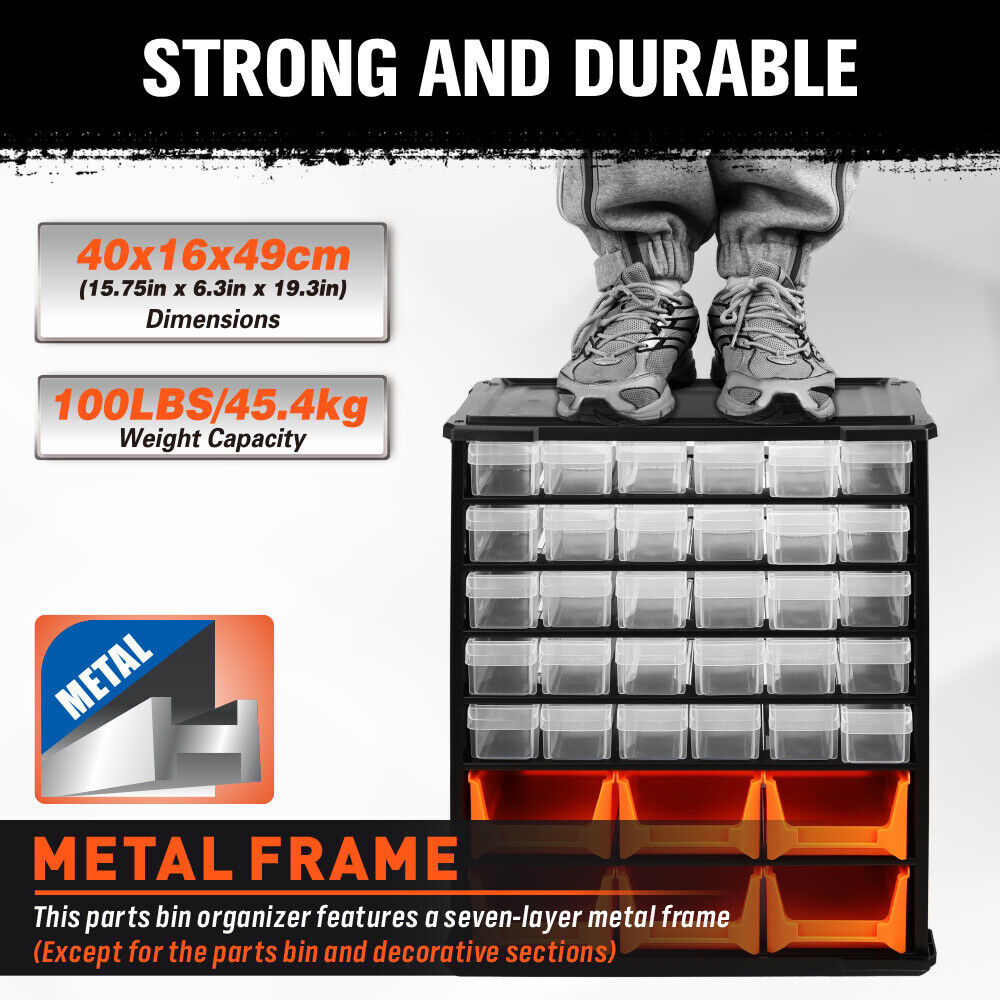 Wall mount 36 drawer parts organiser with clear and orange bins for screws, tools, and hardware storage