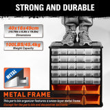 Wall mount 36 drawer parts organiser with clear and orange bins for screws, tools, and hardware storage