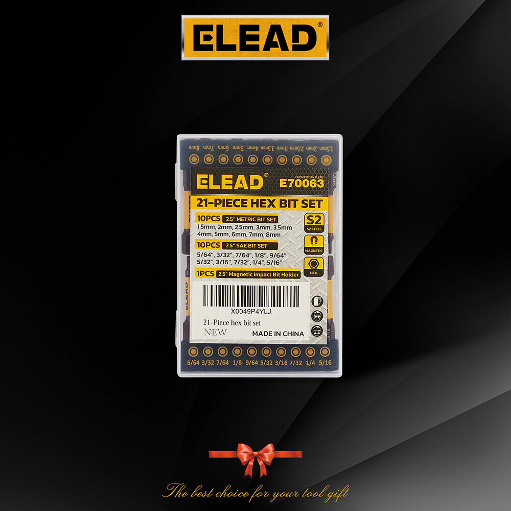 ELEAD 21-piece hex bit set with magnetic tips, made from durable S2 alloy steel for impact resistance and precision in heavy-duty applications.