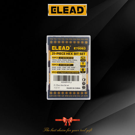 ELEAD 21-piece hex bit set with magnetic tips, made from durable S2 alloy steel for impact resistance and precision in heavy-duty applications.