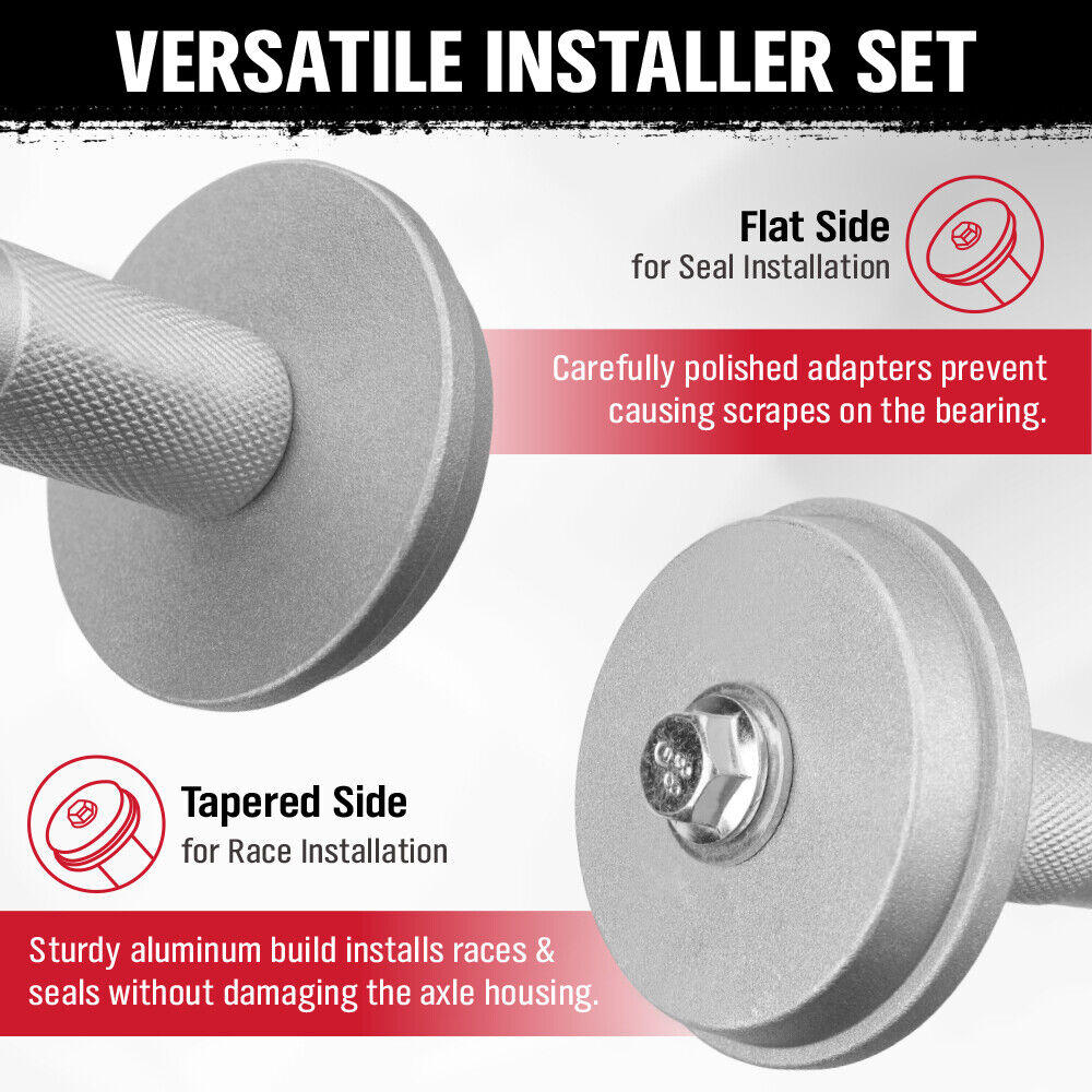 10-piece bearing race and seal driver tool kit with durable aluminum adapters, ideal for installing wheel bearings and seals in automotive repairs.