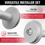 10-piece bearing race and seal driver tool kit with durable aluminum adapters, ideal for installing wheel bearings and seals in automotive repairs.