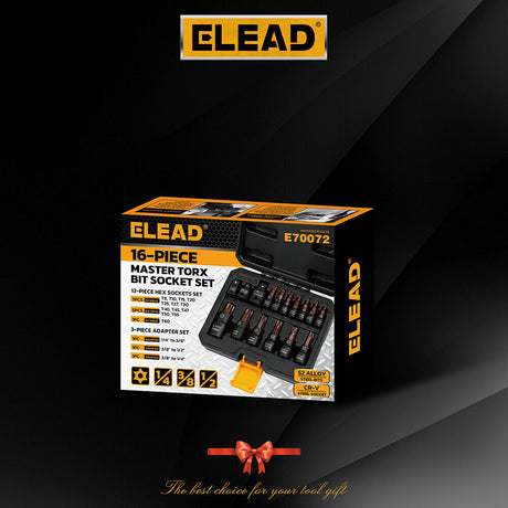 16-piece Torx bit socket set with S2 steel and CR-V, includes 1/4", 3/8", and 1/2" drive sizes, ideal for automotive and mechanical work