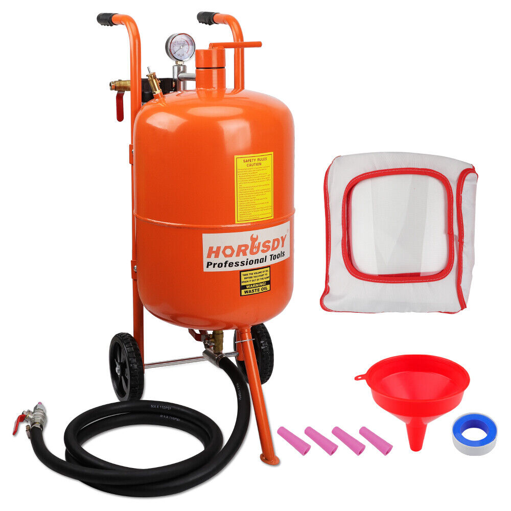 HORUSDY 40L sand blasting tank, featuring a high-pressure abrasive blaster with a 60-125 PSI working range, durable rubber wheels, and a 40L media capacity for heavy-duty surface cleaning.