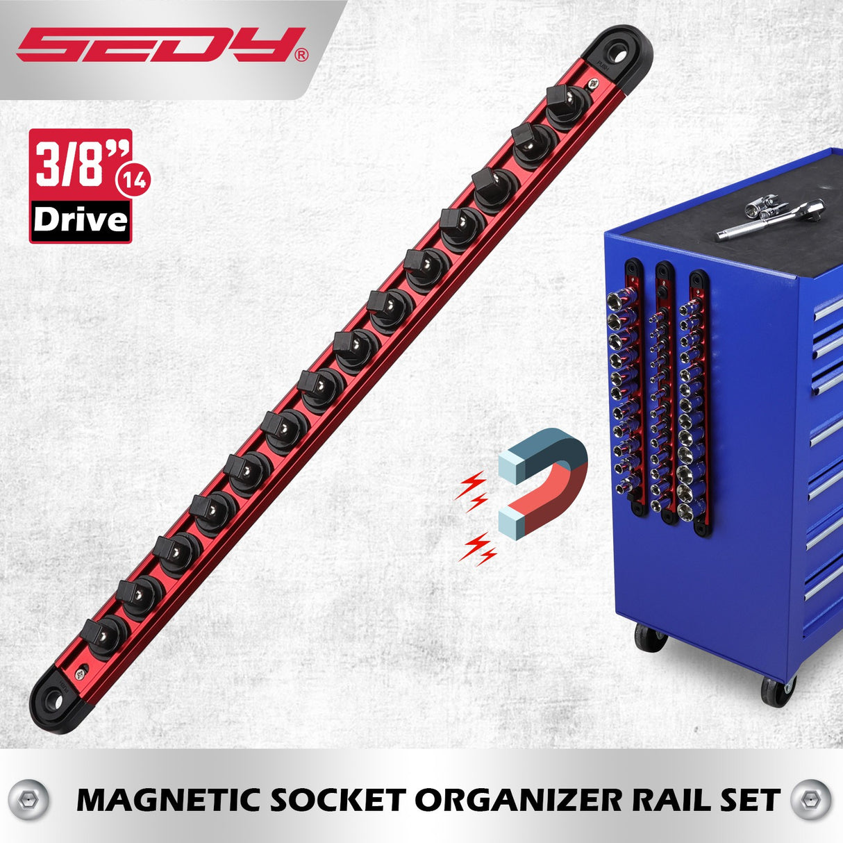 Magnetic socket organizer set with detachable trays for 1/4", 3/8", and 1/2" drive sockets. Ideal for garage tool organization.