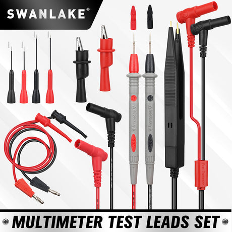Multimeter test leads set with probes, alligator clips, and tweezers for precise electrical testing and circuit diagnostics.