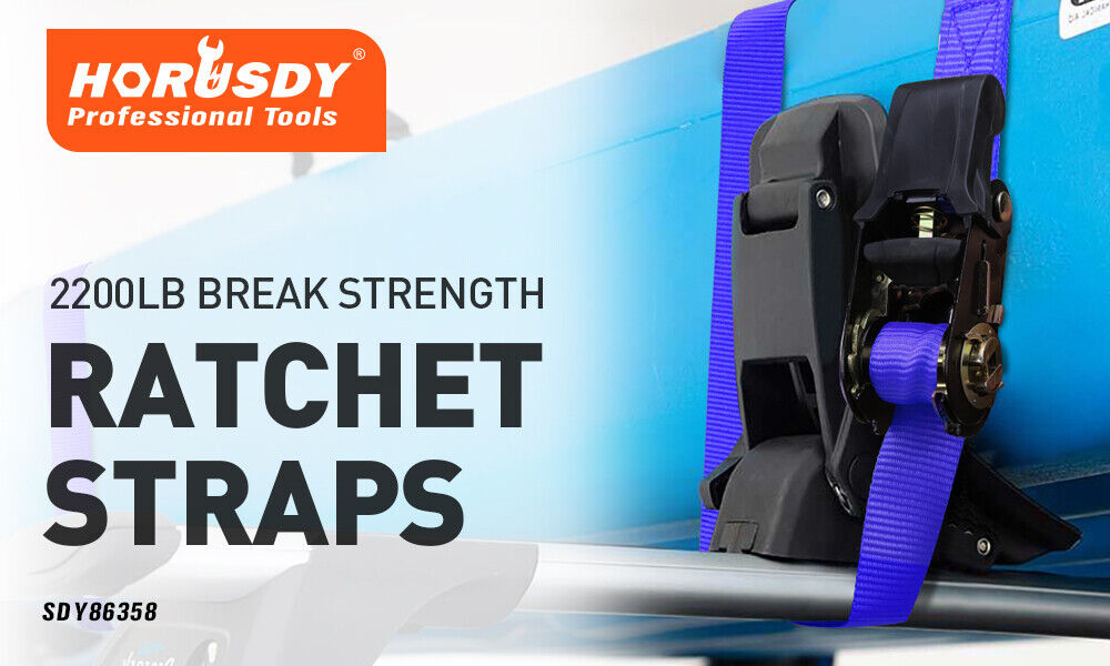 Heavy-duty ratchet tie-down straps with 2200 lbs break strength, rubber-coated S-hooks, ergonomic handles, bungee cords, and a premium storage bag.