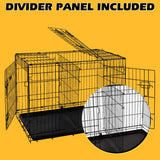 Foldable 24-inch dog cage with 3 doors, divider panel, leak-proof plastic tray, sturdy metal frame, and portable design for safe and comfortable pet housing.