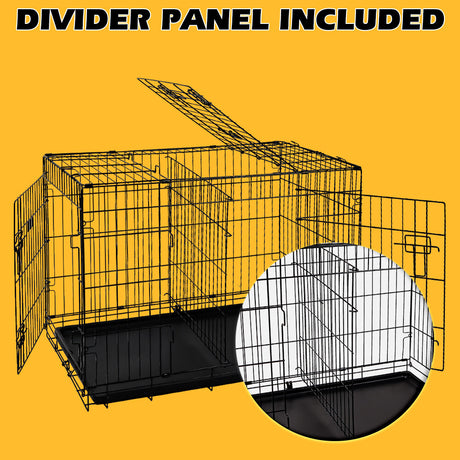 Foldable 24-inch dog cage with 3 doors, divider panel, leak-proof plastic tray, sturdy metal frame, and portable design for safe and comfortable pet housing.