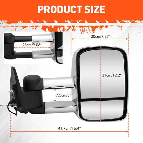 HORUSDY Power-Heated Telescoping Chrome Towing Mirrors with Adjustable Convex Lens for Pickup Trucks