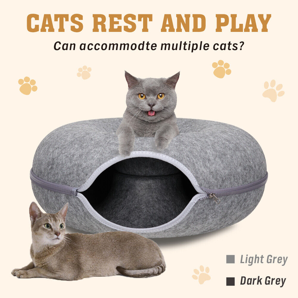 Cozy VaKa Cat Tunnel Bed in light and dark grey, M and L sizes, with a detachable and washable design, offering a free toy for cats.