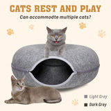 Cozy VaKa Cat Tunnel Bed in light and dark grey, M and L sizes, with a detachable and washable design, offering a free toy for cats.